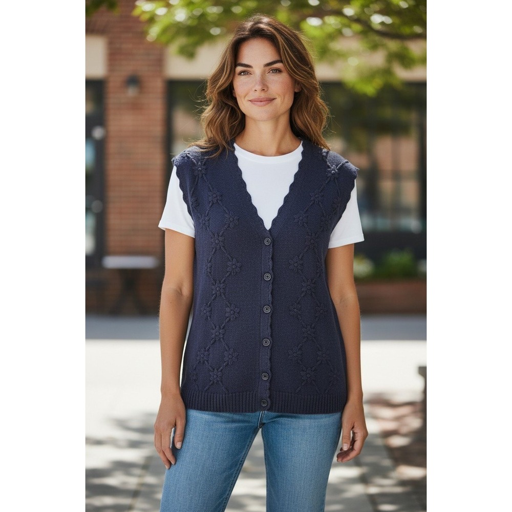 Vtg Cricket Lane Navy Blue Floral Diamond Knit Button Front Sweater Vest XL